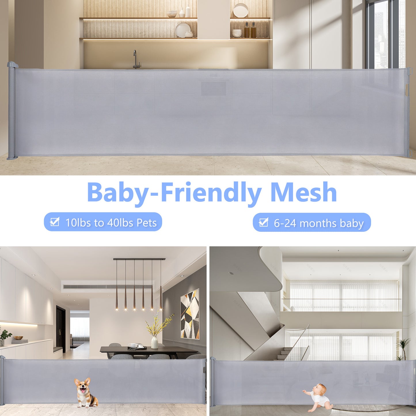 Retractable Baby Gate 35"x138" Extra Wide Mesh Dog Gate Child Safety Gate for Doorways, Indoor Outdoor Stairs, Indoor Outdoor Stairs, Gray