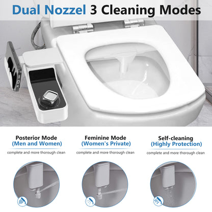 Bidet Attachment for Toilet, Non Electric, Self Cleaning Dual Nozzles for Front and Rear Cold Water Wash, Adjustable Water Pressure