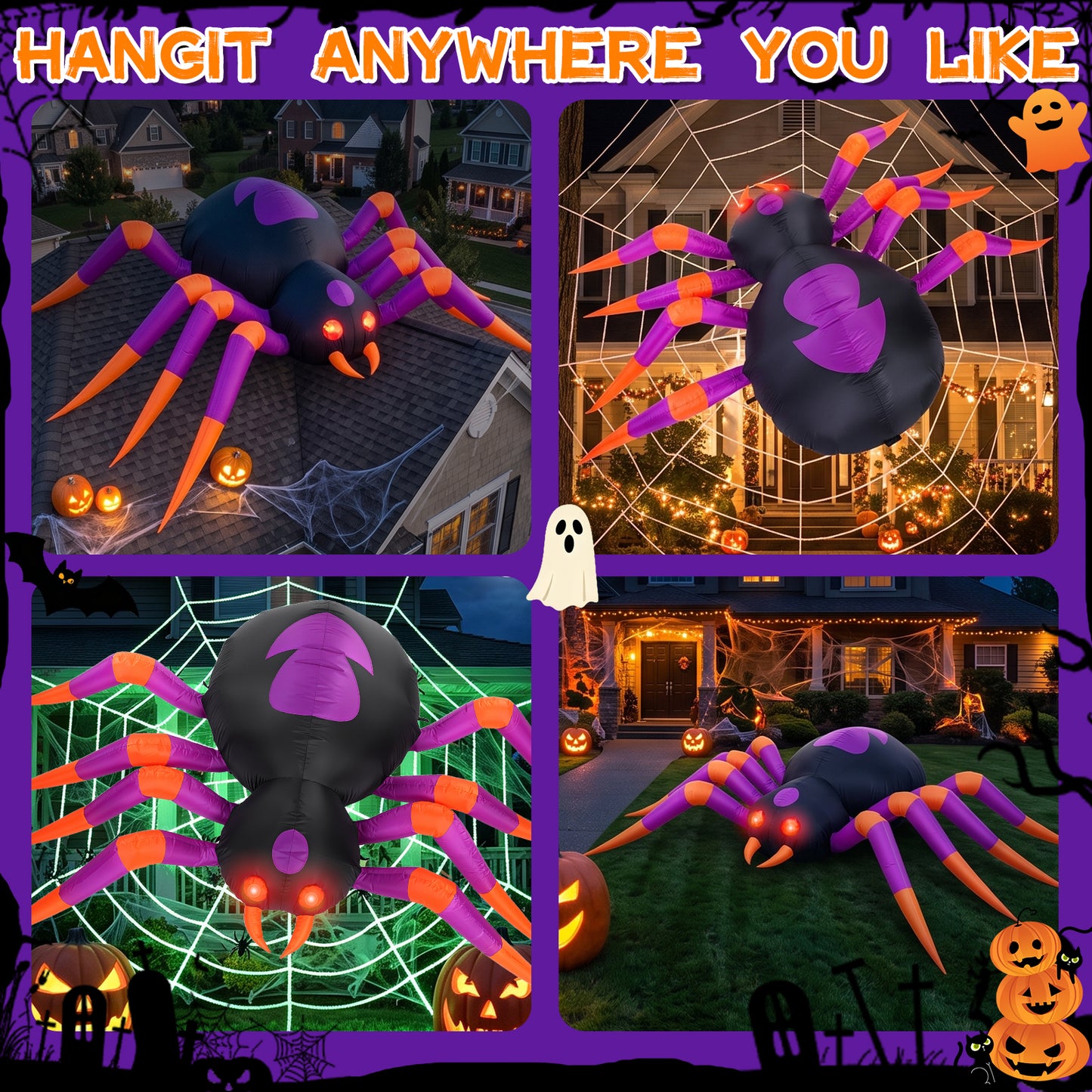 8 FT Halloween Inflatables Spider with Changing Eyes, Giant Blow Up Yard Decoration Spider with Build-in LED Lights for Halloween Party Outdoor, Garden, Lawn, Patio, Yard Decor