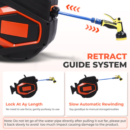 Retractable Garden Hose Reel 5/8 In X 100 Ft Automatic Wall Mounted Water Hose with 10 Pattern Nozzle Any Length Lock Slow Retraction 180° Swivel