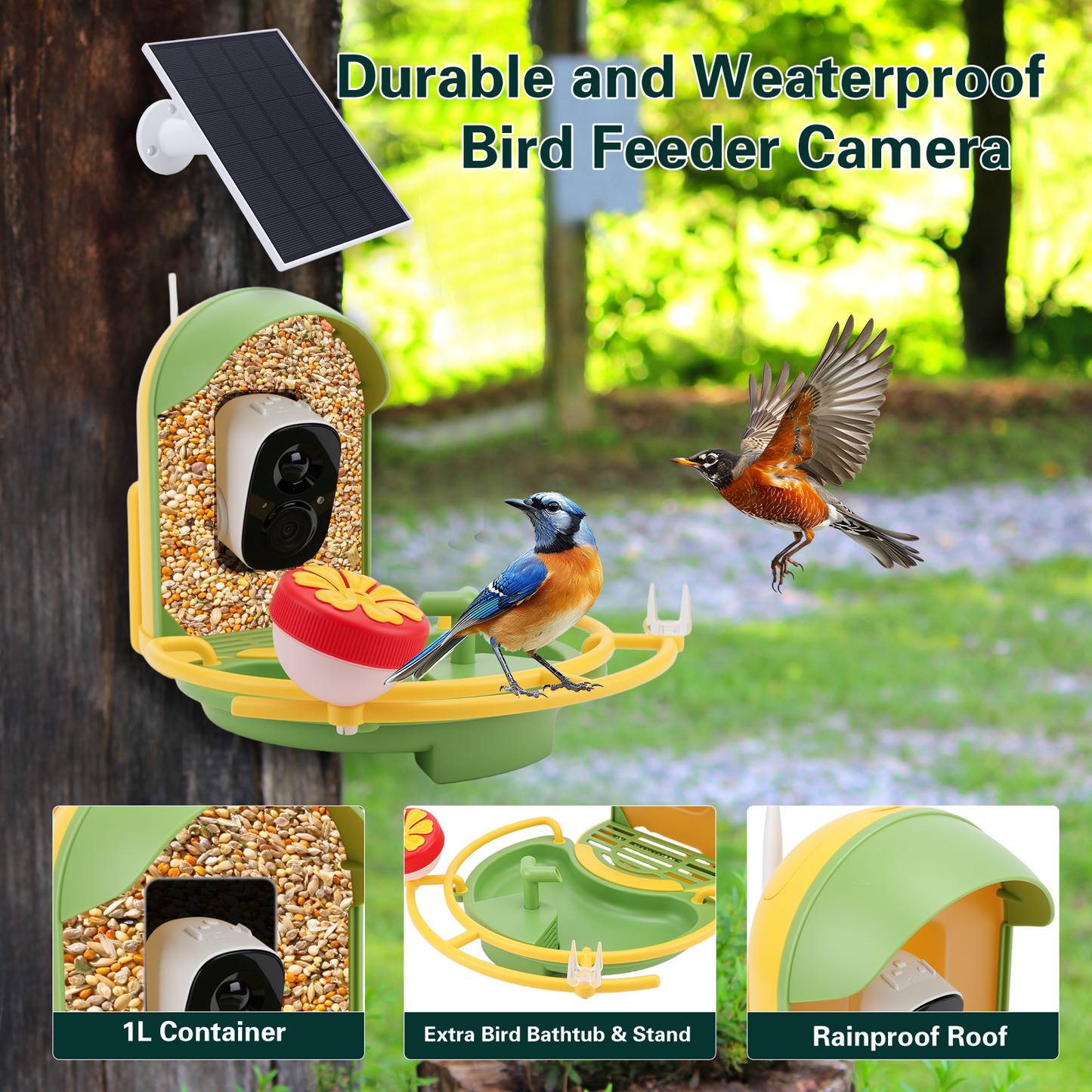 Smart Bird Feeder with Camera & Bird Bath,Bird Watching Camera with Motion Detection & Solar Panel,Waterproof, 2K Live View,Ideal Present for Bird Lover