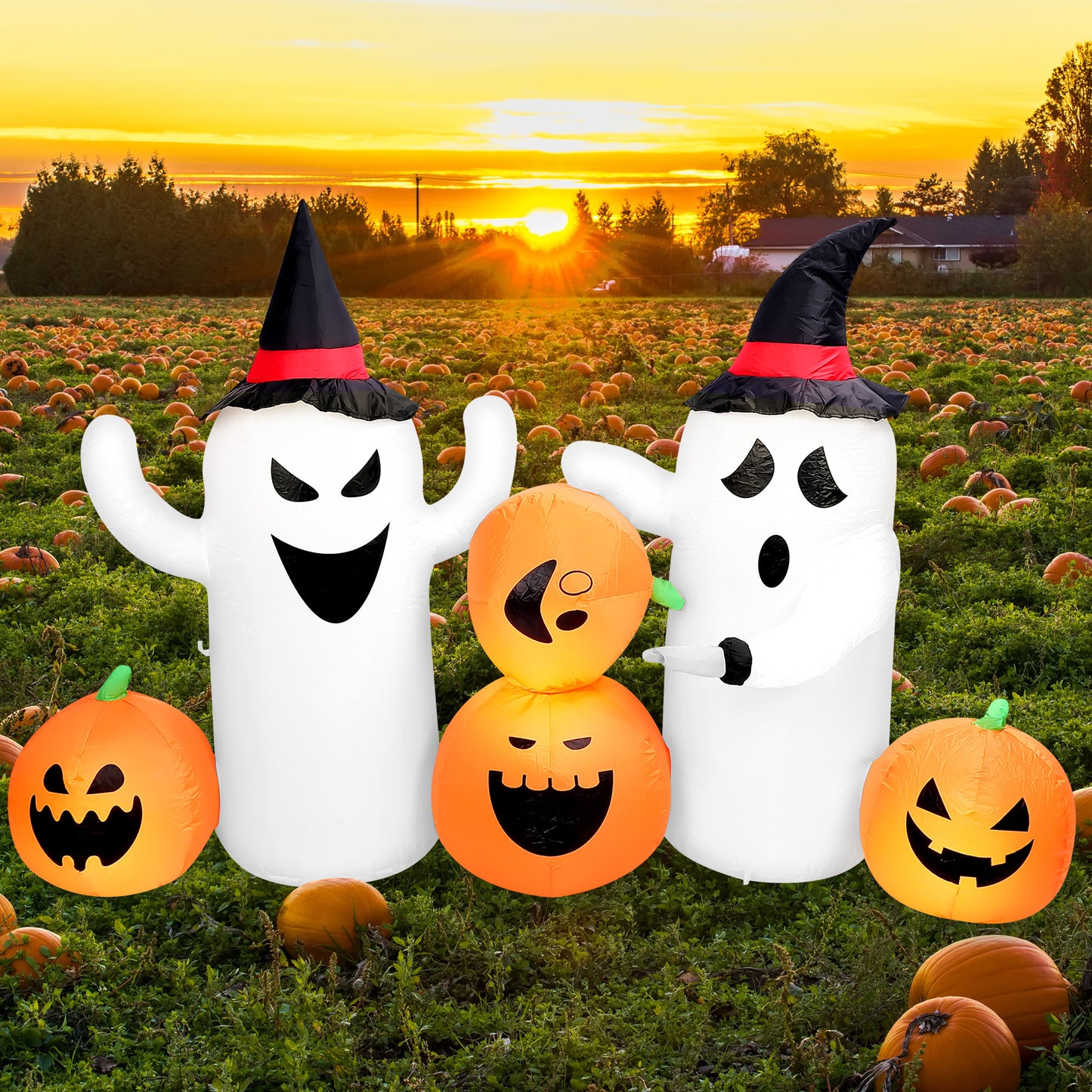 7 FT Long Lighted Inflatable Ghosts with Pumpkins, Blow Up Decorations for Indoor Outdoor Garden Lawn Party Yard Decorations