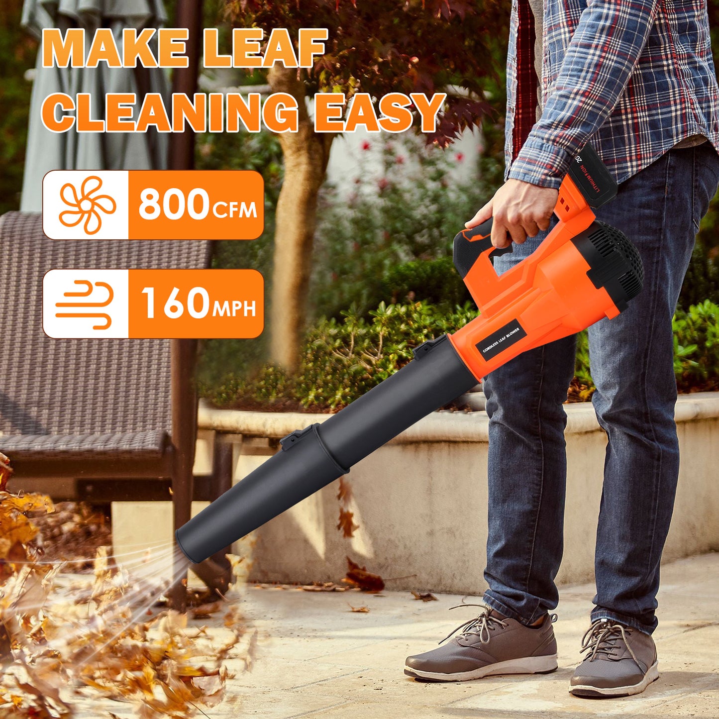 Cordless Electric Leaf Blower 20V 800CFM 160MPH, 6 Speeds Brushless Motor With 2 X 4.0Ah Batteries & Fast Charger For Patio Cleaning, Lawn Care, Blowing Leaves And Dust