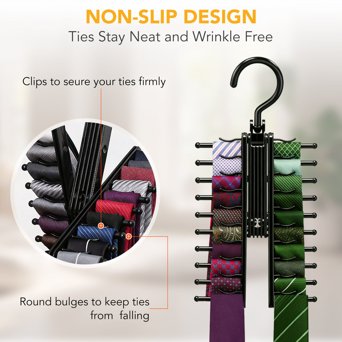 Tie Hanger Rack with 20 Hooks Non-Slip Clips,360 Degree Swivel,Space-Saving Tie Organizer for Closet Organizer for Ties,Belt,Scarves & Accessories