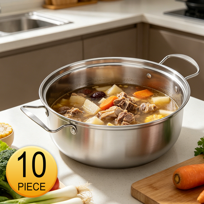 10 Piece Stainless Steel Pots Sets, Kitchen Cookware Set Saucepan with Glass Lid Stockpot Soup Pot with 2 Ear Handle For Cooking Dishwasher, Silver