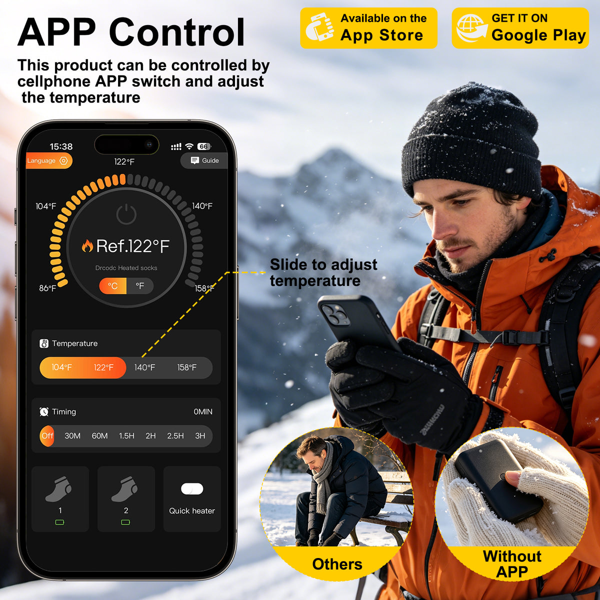 Heated Socks for Men Women with APP Control,2 * 5000mAh Rechargeable Battery Heating Socks for Hunting Fishing Camping Hiking Motorcyle Skiing Warm Socks Foot Warmer Xmas Gifts