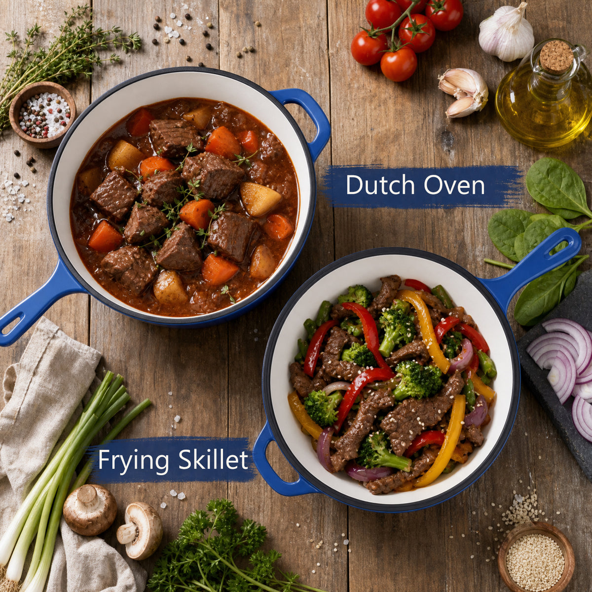 2 in 1 Cast Iron Dutch Oven Pot with Skillet Lid, 4+2qt Enamel Dutch Oven Dual Handle, All-in-One Cookware, Blue