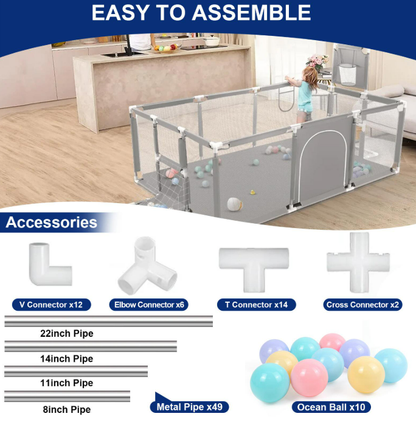 71" x 48" Extra Large Playpen for Babies Toddlers, Baby Playard with Basketball Hoop, No Gap Kids Fence Play Area Ball Pits, Infant Safety Play Yard with Door/Soccer Net