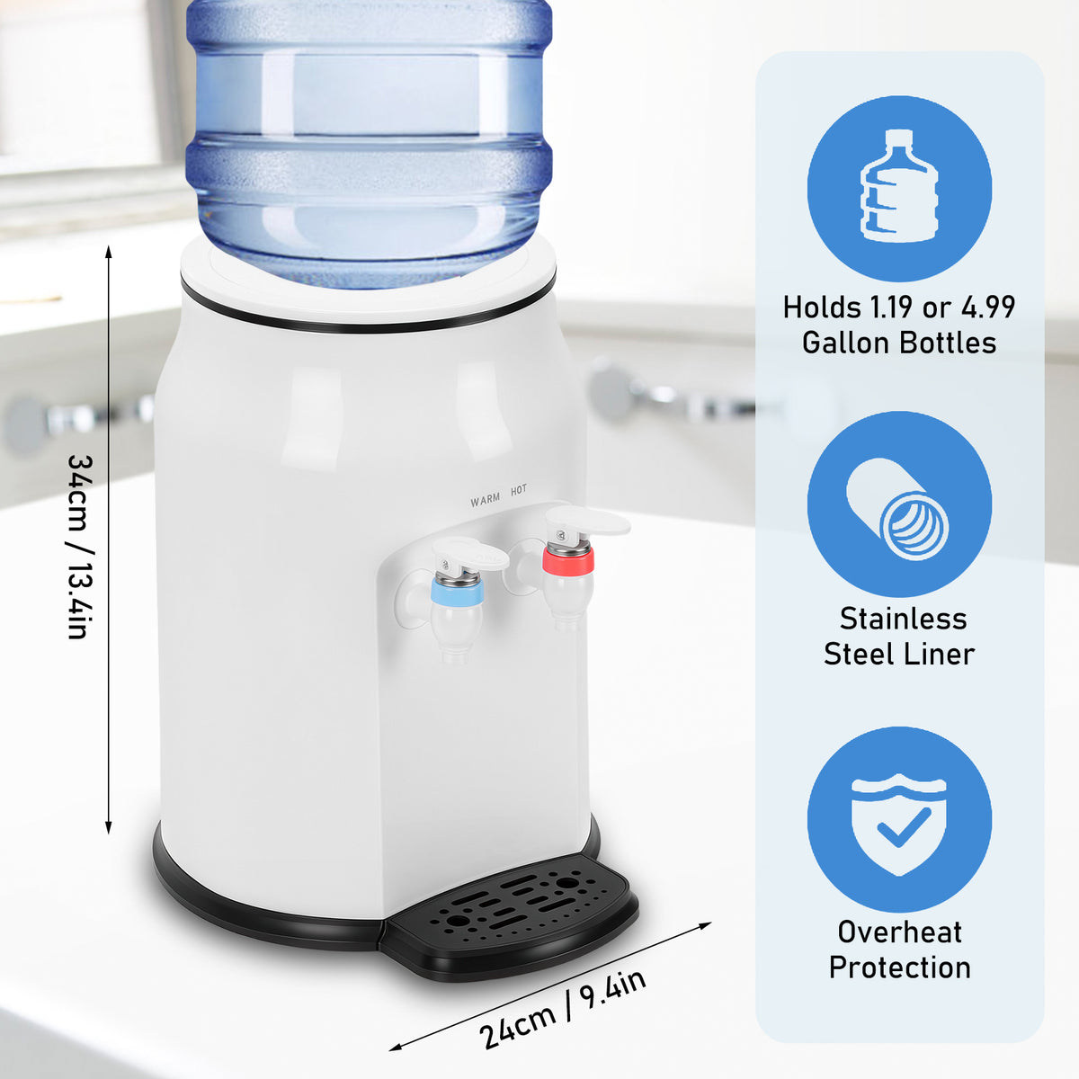 500W Mini Countertop Water Dispenser, Top Loading Electric Water Dispenser for 3 & 5 Gallon Bottles,White