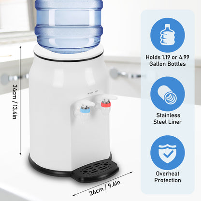 500W Mini Countertop Water Dispenser, Top Loading Electric Water Dispenser for 3 & 5 Gallon Bottles,White