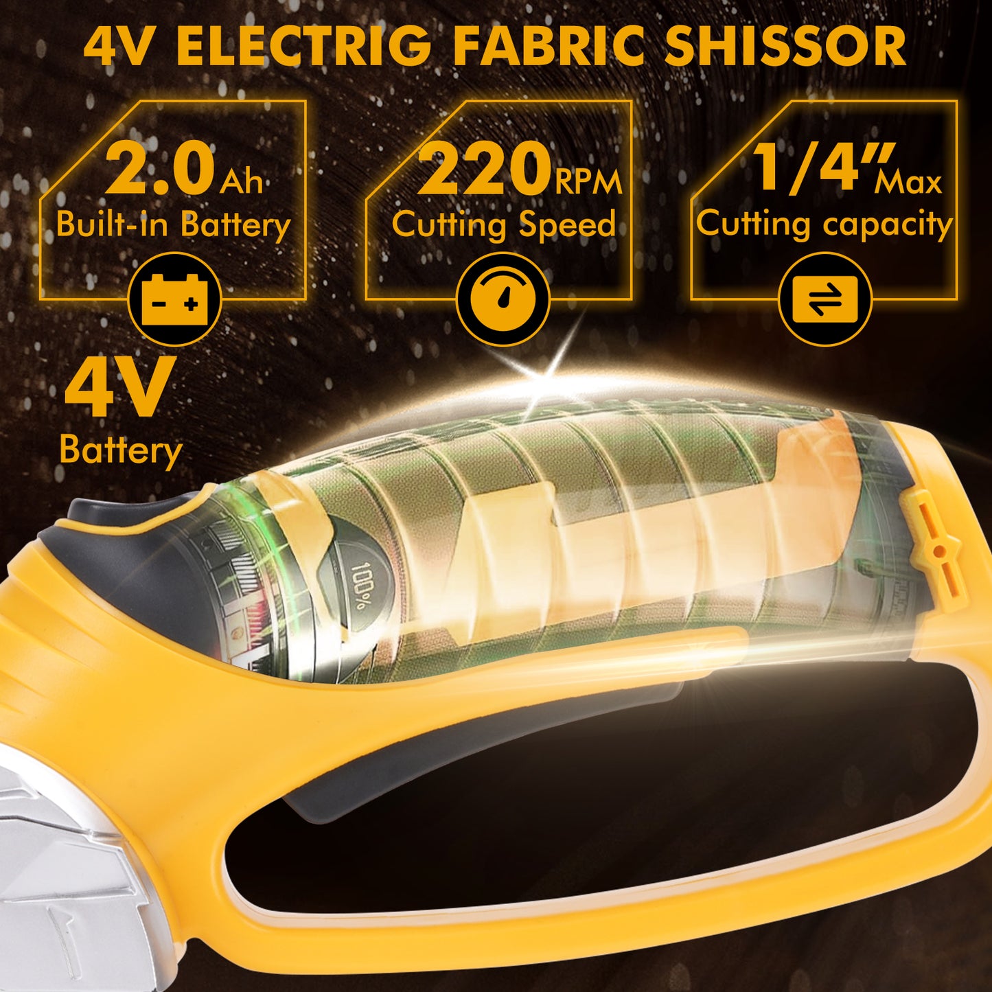 Cordless Electric Scissors,4V Rechargeable Cardboard Cutter Fabric Scissor W/Safe Lock & LED Light,Powerful Cutter for Leather Carpet Plastic Cutting,Sewing,Crafting,Yellow