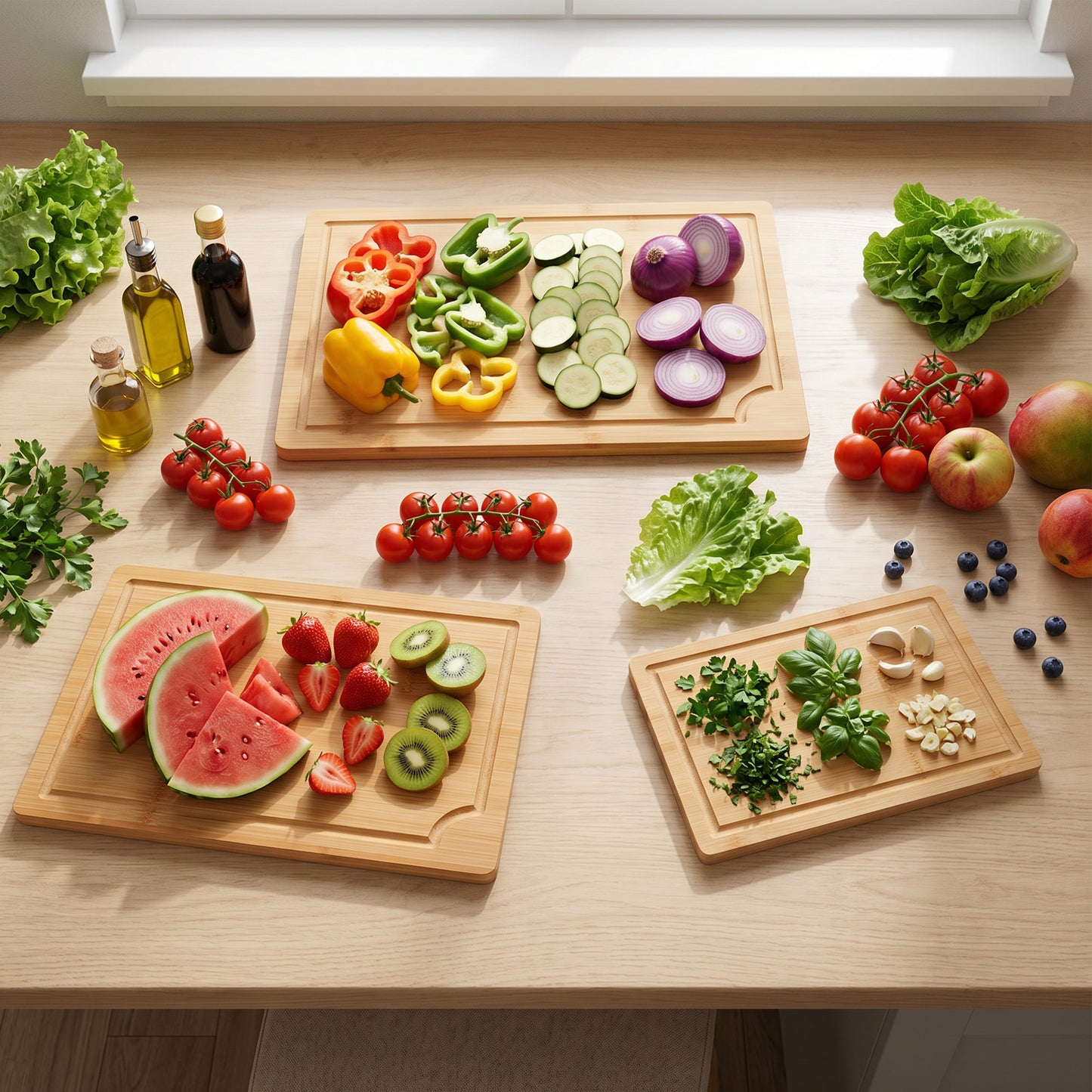 Craft Wood Cutting Board Set For Kitchen, 3pcs Wooden Cutting Boards with Handles, Multifunctional & Sustainable Bamboo Cutting Boards with Deep Grooves
