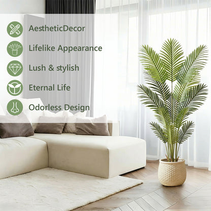 6FT Artificial Palm Tree Indoor with Pot, Realistic Leaves, 15 Trunks Adjustable Branches, Tall Faux Fake Palm Plant, Ideal for Living Room Bedroom Office Home Interior Aesthetic Decor