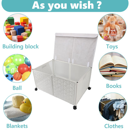 Toy Box Storage, Foldable Metal Kids Toy Chest with Flip-Top Lid and Wheels for Bedroom Nursery Playroom,White