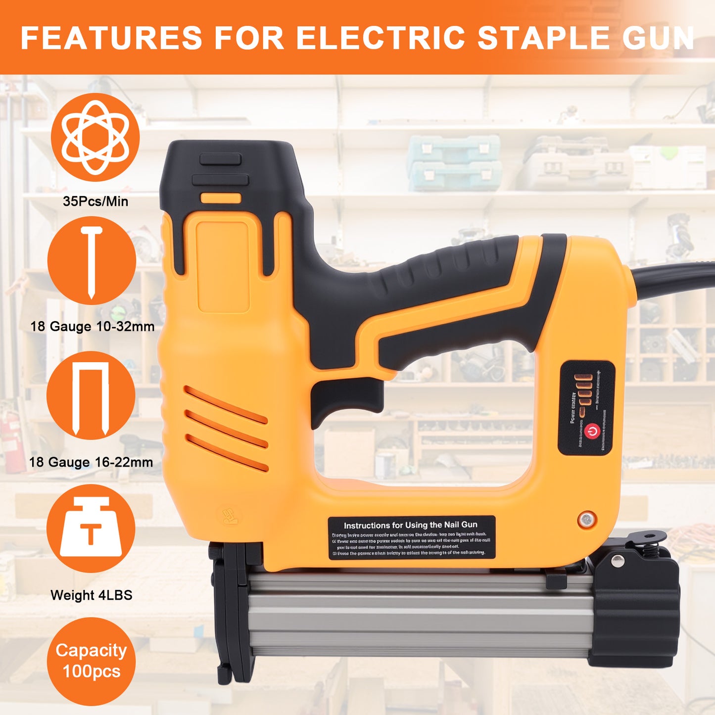 2-in-1 Electric Brad Nailer, Electric Nail Gun/Staple Gun for Upholstery, Carpentry and Woodworking Projects,Yellow
