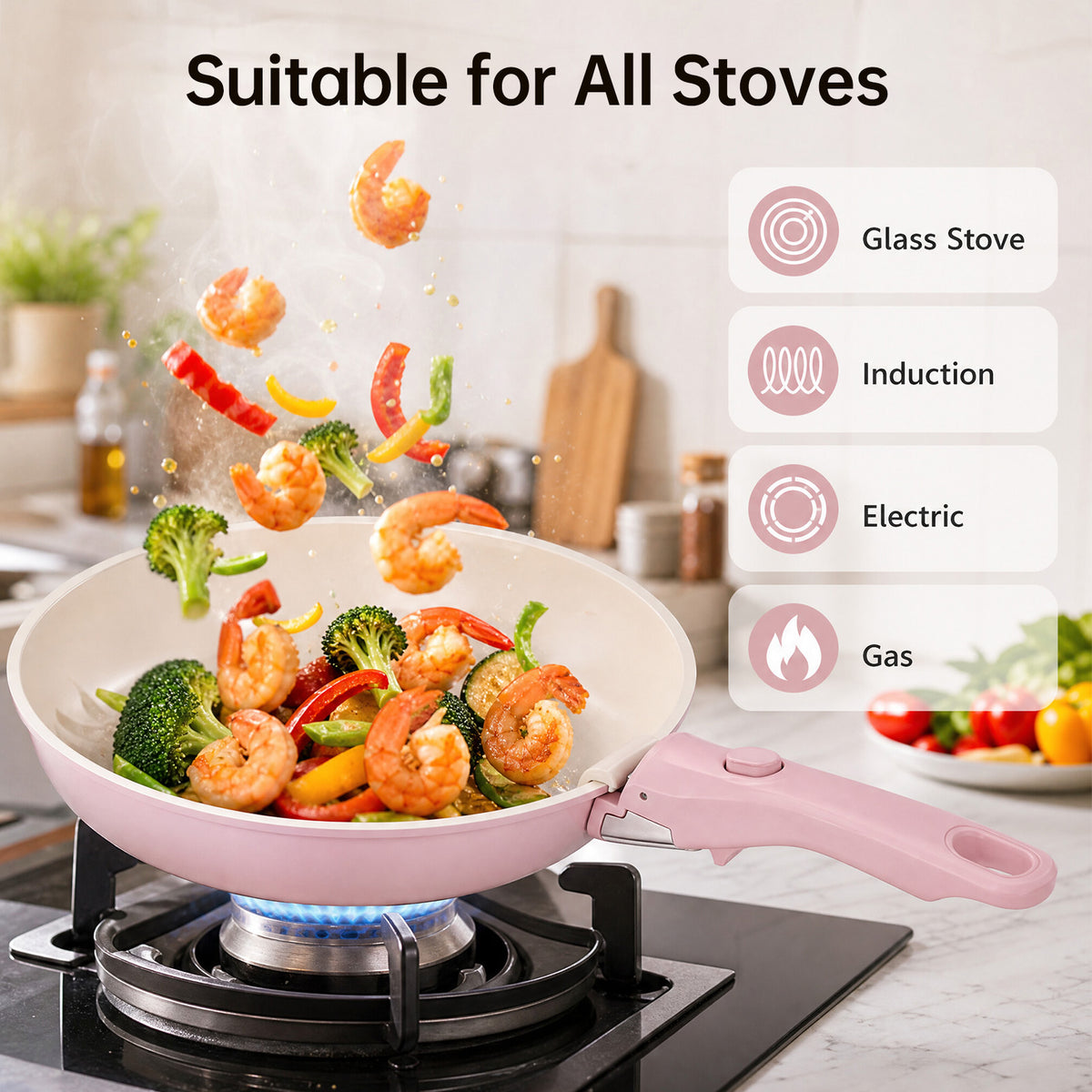 20 Piece Ceramic Pots and Pans Set, Nonstick Cookware Set with Detachable Handles, Oven Safe to 500°F, Induction Compatible, Stackable RV Kitchen Cooking Set, Pink