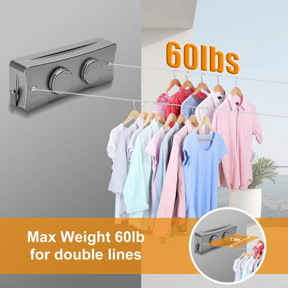 Retractable Clothesline Indoor, Non-Sagging Wall Mounted Drying Rack Clothesline, 16.7 Ft Stainless Steel Wire Double Clothes Lines, Hanging Clothes line for Balcony, Courtyards