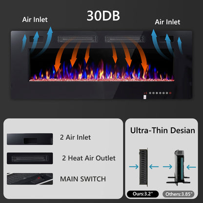 42in 5100BTU Indoor Electric Ultra Thin Mute Fireplace, Wall Mounted Recessed Adjustable Multiple Flame Colors & 5 Speeds & 8H Timer Fireplace with Touch Screen and Remote Control