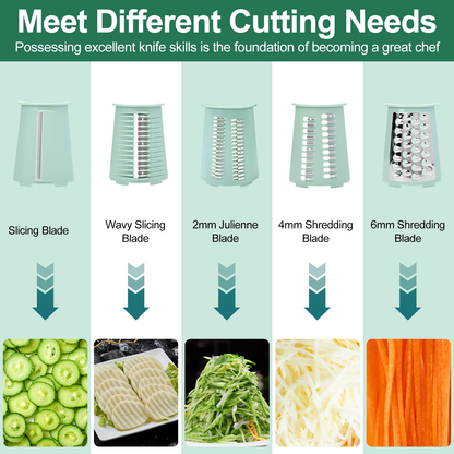 Handle Rotary Cheese Grater with Interchangeable 5 Blades, Suction Base, Mandoline Slicer & Veg Shredder with Blade Storage Box,Green