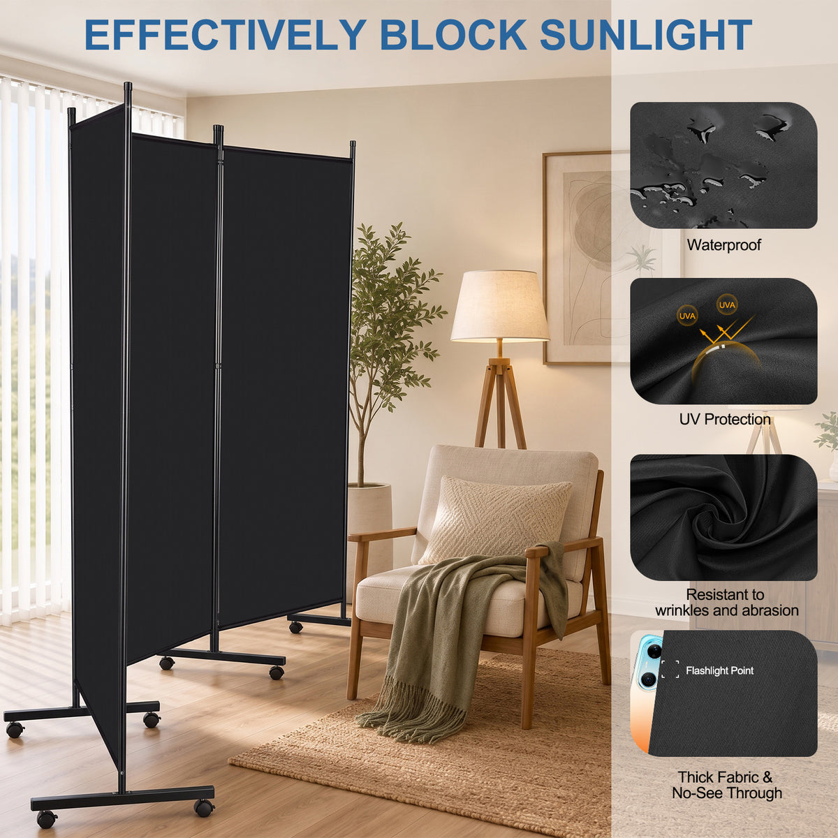 Rolling Room Dividers 5.9FT 3 Panel, Folding Privacy Screens with Lockable Wheels,102" W Portable Wall Divider Room Separation for Porch Living Room Dorm Studio Office, Black