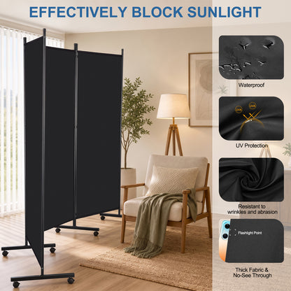 Rolling Room Dividers 5.9FT 3 Panel, Folding Privacy Screens with Lockable Wheels,102" W Portable Wall Divider Room Separation for Porch Living Room Dorm Studio Office, Black