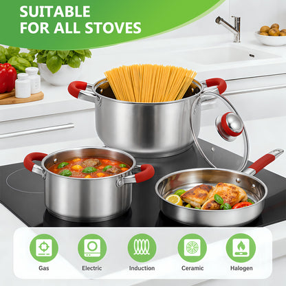 15Pcs Stainless Steel Cookware Set, Pots and Pans Set with Glass Lids, Kitchen Induction Cookware with Utensil Sets For Oven & Dishwasher ,Heavy Premium Kitchen Cooking, Red