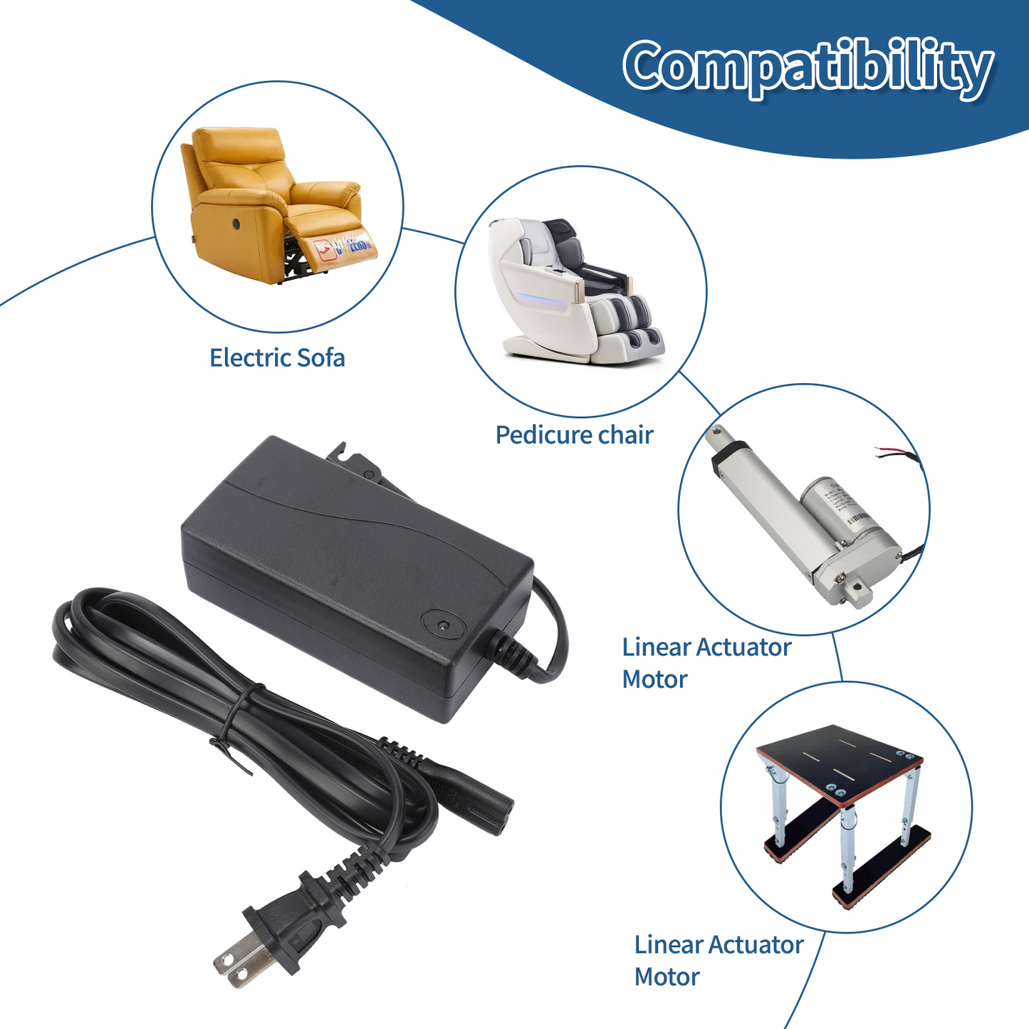 Universal Power Cord for Recliner Chair - 2-Pin Power Adapter for Lift Chair, Recliner Sofa, Recliner Couch, 29V/24V 2A AC/DC Switching Recliner Power Supply