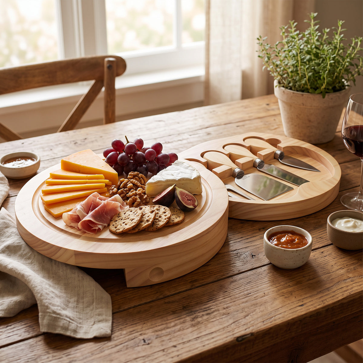 Bamboo Cheese Board and Knife Set, 10 inch Round Charcuterie Board, Serving Tray, Platter, Wood Cheese Board Set, Gift Idea