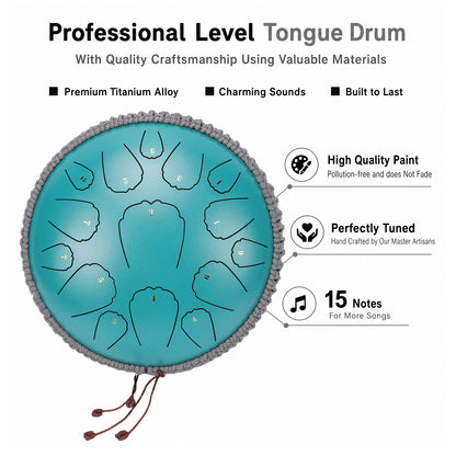 13 inch Steel Tongue Drum, 15 Notes D Major Handpan Drum with Mallets & Carry Bag, Carbon Steel Rain Drum Style Calming Percussion Instrument for Meditation Yoga Beginners Gift, Malachite Green