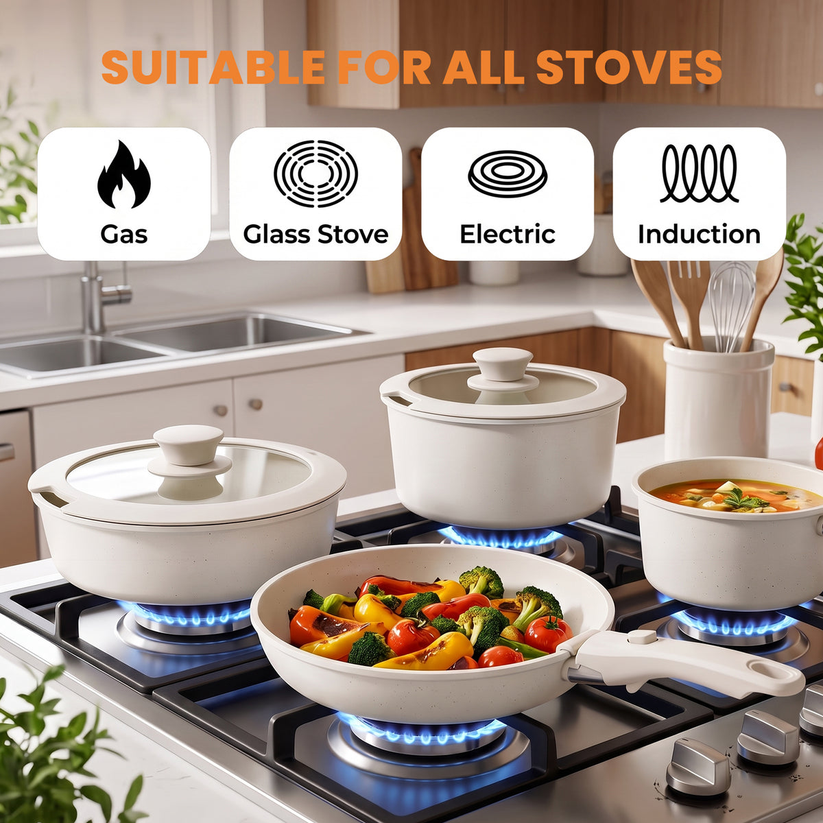 20-Piece Pots and Pans Set, Nonstick Cookware Set with Detachable Handles, Oven & Dishwasher Safe, Induction Compatible, Stackable RV Kitchen Cooking Set, White