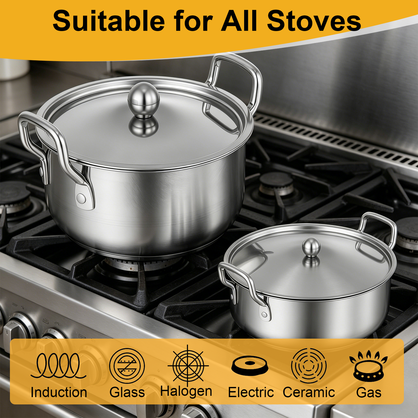 Stainless Steel Pots Sets 16-Piece, Kitchen Cookware Set Saucepan with Glass Lid Stockpot Soup Pot with 2 Ear Handle For Cooking Dishwasher, Silver