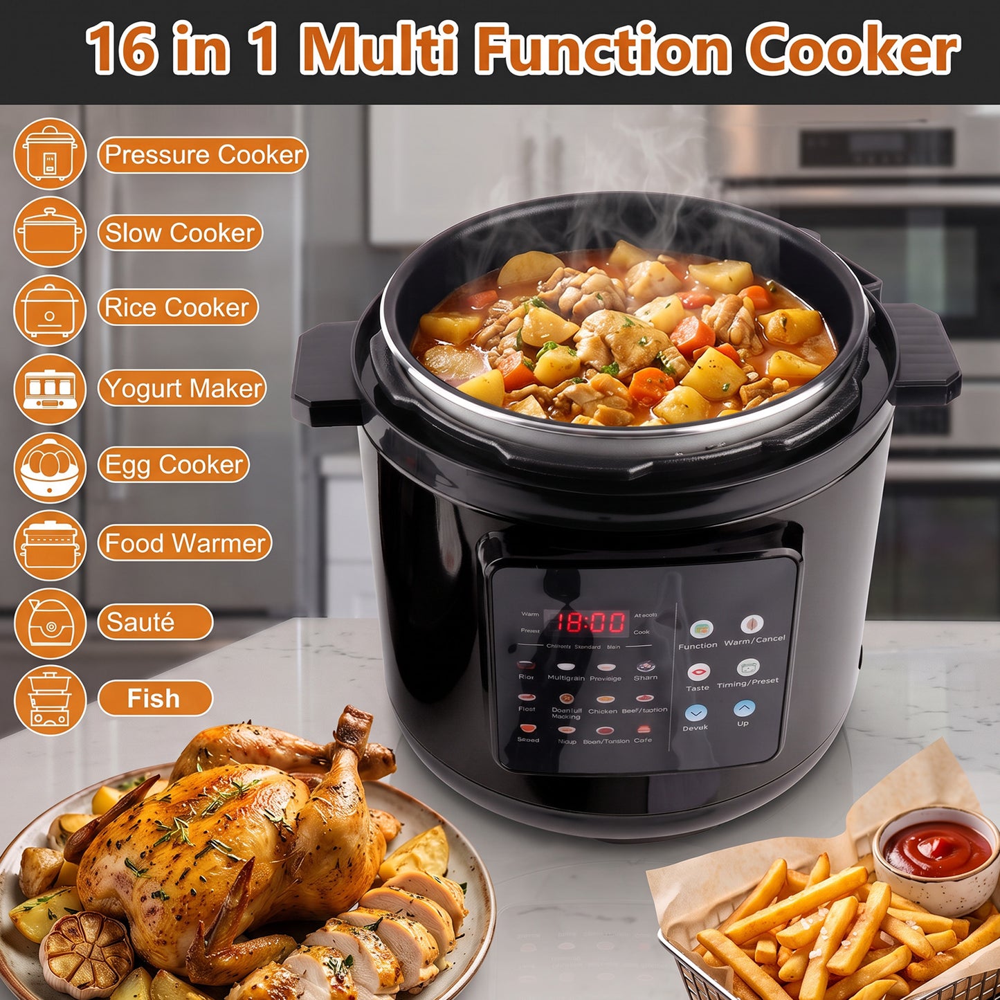 6.5 Quart Electric Pressure Cooker, 16-in-1 Multi Cooker Rice Cooker Slow Cooker Sauté Steamer, Non-Stick Pot, Black