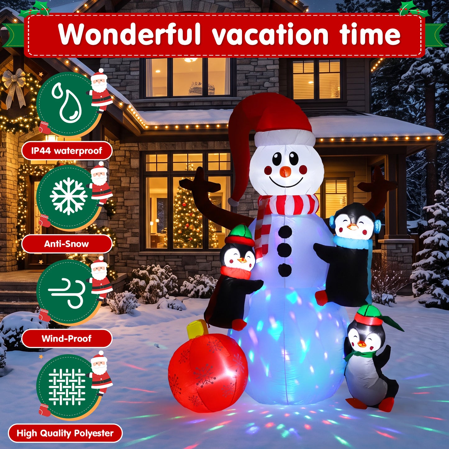 6FT Christmas Inflatable Outdoor Decoration, Snowman with Penguin and Red Ball, Navidad Blow Up Yard Decor with Built-in LED Light for Lawn, Garden, Party