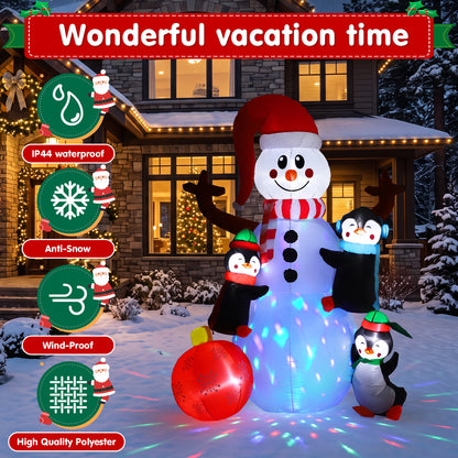 6FT Christmas Inflatable Outdoor Decoration, Snowman with Penguin and Red Ball, Navidad Blow Up Yard Decor with Built-in LED Light for Lawn, Garden, Party