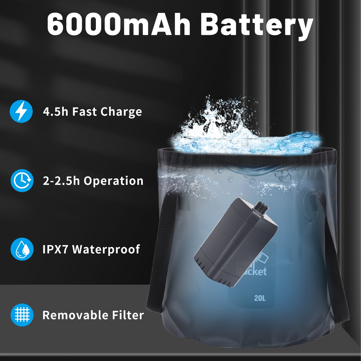 Portable Shower for Camping,6000mAh Rechargeable Camping Shower Pump with Intelligent LED Display, 4 Spray Modes, Foldable Bucket Shower Head for Hiking, Travel, Car, Pet