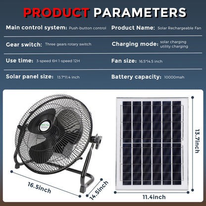 16 Inch Quiet 3 Speed Table Fan with 10000mah Solar Panel Powered and AC Charger Input, Floor Fan High Velocity for In/Outdoor