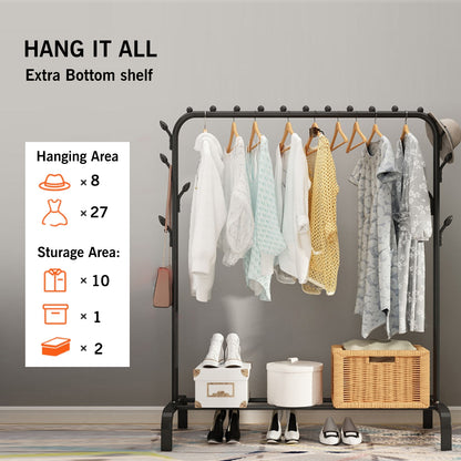 Clothes Rack, Heavy Duty Clothing Garment Rack with Bottom Shelf,Side Hat Hooks,8 Hooks for Hanging Clothes, Coats, Skirts, Shirts, Sweaters, Freestanding Clothes Organizer, Black