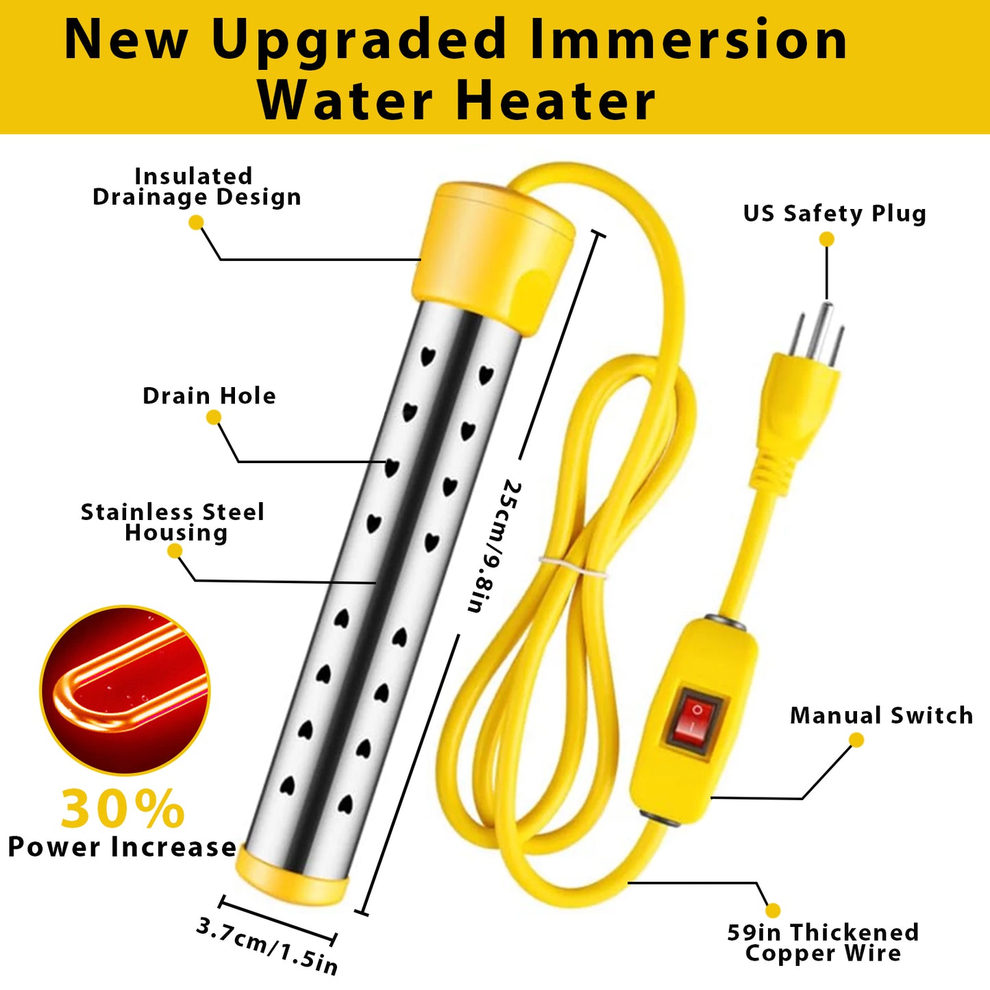 1500W Immersion Water Heater, Portable Bucket Heater with Switch & Auto Off Anti-scald Stainless Steel Protective Guard Indicator Light for Inflatable Pool Bathtub Indoor Outdoor