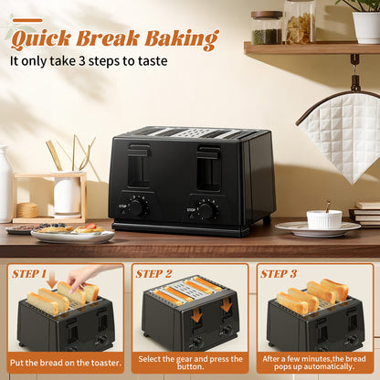 4 Slice Toaster - Stainless Steel Bagel Toaster with Dual Control Panels, 6 Shade Settings,Black