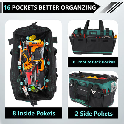 19-inch Tool Bag With 16 Pockets, Heavy Duty Hand Tool Storage Bag with Adjustable Shoulder Strap &amp; Waterproof Strong Molded Base, for Tool Kit Organizer Bag