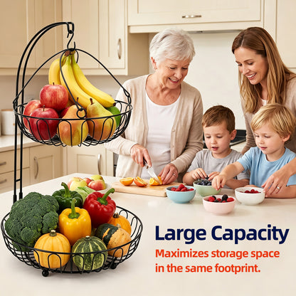 2-Tier Iron Countertop Fruit Vegetables Basket Bowl Storage With Banana Hanger & Detachable Fruit Basket, Black