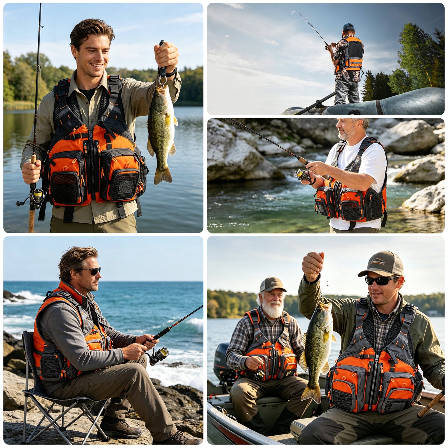 Fly Fishing Vest for Men Women, Comfortable Adjustable Fishing Vest with Multi-Pockets Reflective Stripes, Lightweight and Durable Unisex Strap Fishing Vest Pack, for Fly Bass Fishing,Orange