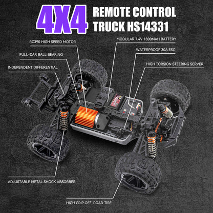 RC Cars for Adults Kids 60KM RTR 1/14 Military RC Trucks 390 Brushed Motor 4X4 Off Road Remote Control Car Toy for Boys Girls Gift All Terrain Fast RC Monster Truck with 2 Li-ion Batteries