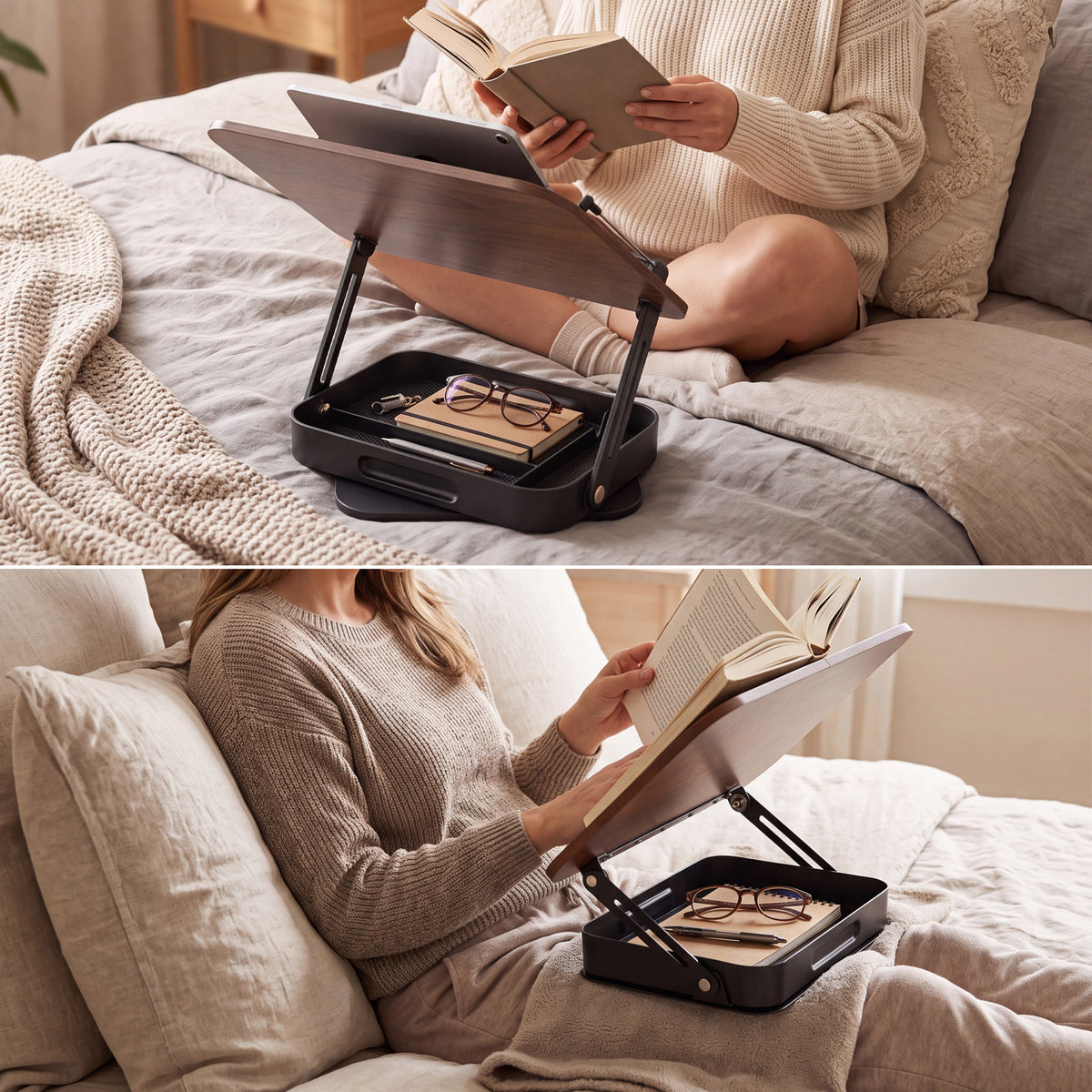 Foldable Wooden Book Stand with Storage,360° Rotating Book Holder for Kitchen Counter, Reading Stand for Desk, Recipe Stand, Book Prop for Book Lovers