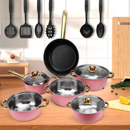 18Pcs Stainless Steel Cookware Set, Nonstick Pots and Pans Cooking Utensils Set with Gold Plated Handles for Kitchen, Pink