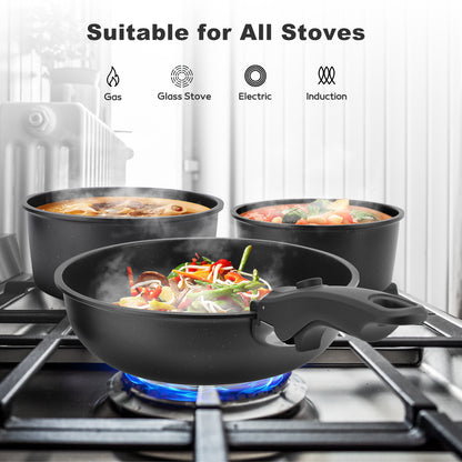 17-Piece Pots and Pans Set, Nonstick Cookware Set with Detachable Handles, Oven & Dishwasher Safe, Induction Compatible, Stackable RV Kitchen Cooking Set, Black