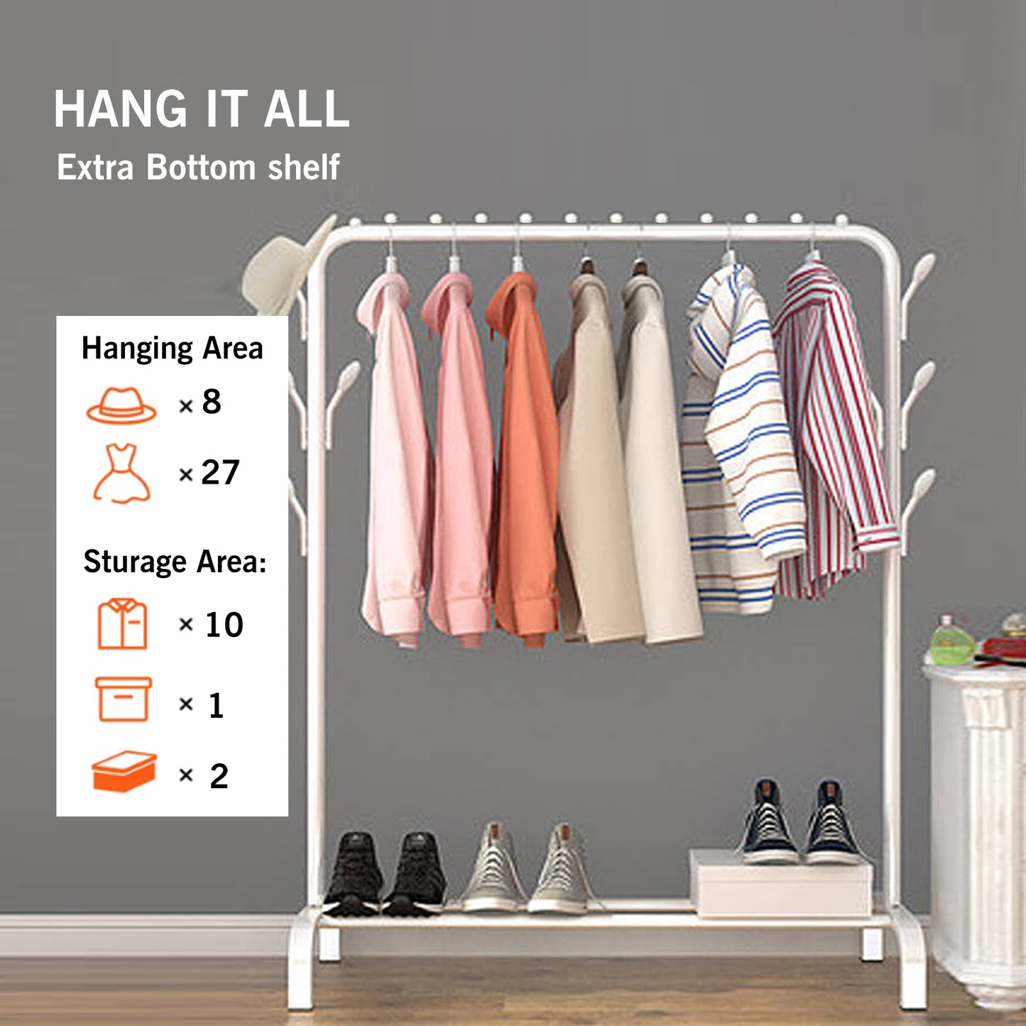 Clothes Rack Heavy Duty Clothing Garment Rack with 8 Hooks and Lower Storage Bedroom White