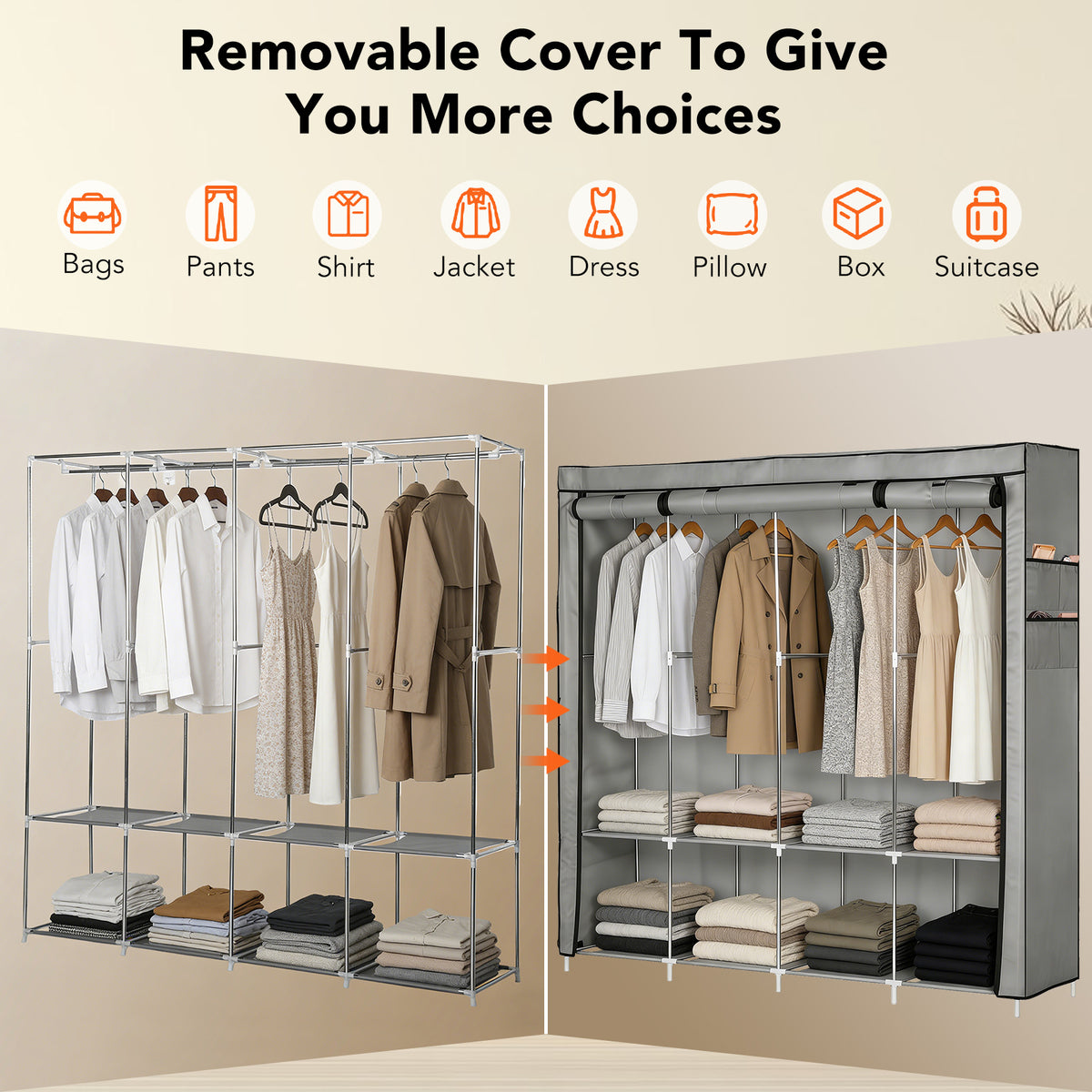 Portable Closet, 65" H Wardrobe Closet for Hanging Clothes 8 Storage Organizer Shelves with 4 Hanging Rods,Grey