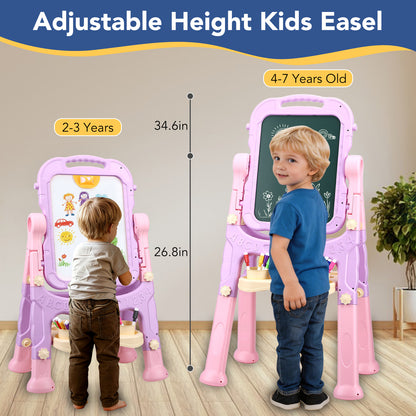 Art Easel for Kids, Adjustable Standing Rotatable Double Sided Easel with Painting Accessories for Toddlers Boys and Girls,Pink