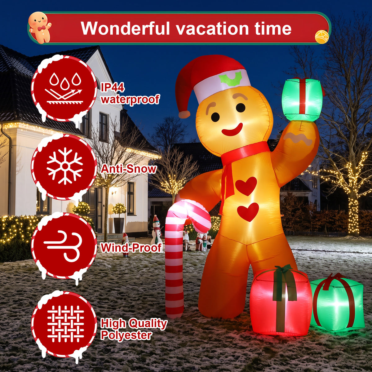 8FT Inflatable Gingerbread Man with Candy Cane and T8FT Inflatable Gingerbread Man with Candy Cane and Three Gift Boxes,LED Lighted Christmas Decoration Indoor and Outdoorhree Gift Boxes,LED Lighted Christmas Decoration Indoor and Outdoor